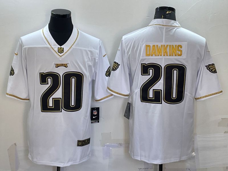 Men Philadelphia Eagles 20 Dawkins White Retro Gold Lettering 2022 Nike NFL Jersey